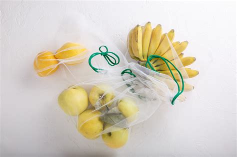 Pisang Apel Dan Lemon Dalam Kantong Jaring Bahan Makanan Tekstil Buah