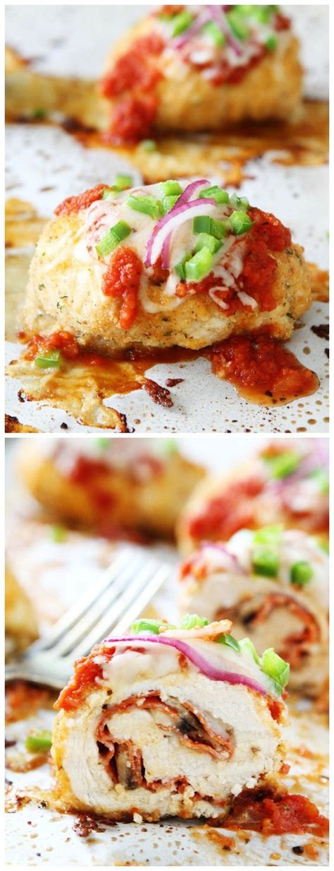 Three Different Views Of Chicken Parmesan Roll With Sauce And Green