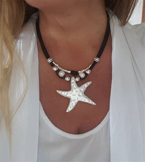 Leather Starfish Pendant Necklace Multistrand Pearls Etsy