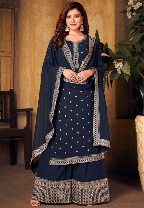 Embroidered Georgette Pakistani Suit In Navy Blue Kch9205
