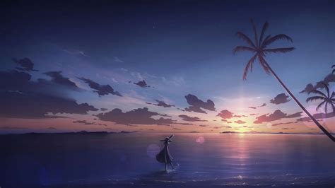 Wallpaper Clouds Horizon Dawn Anime Girl Anime Seascape Sunset