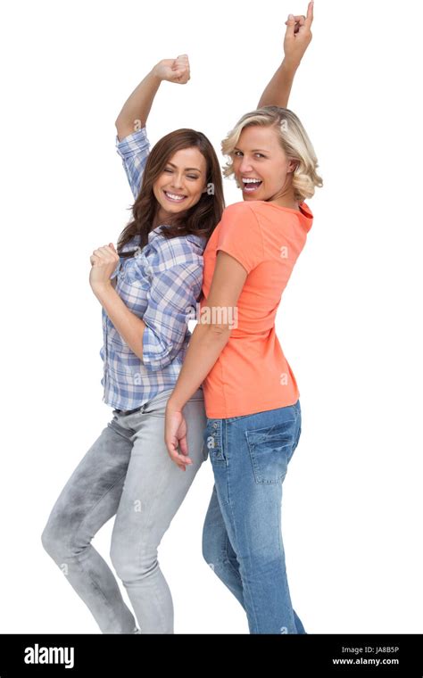 Two Women Having Fun On White Background Stock Photo Alamy
