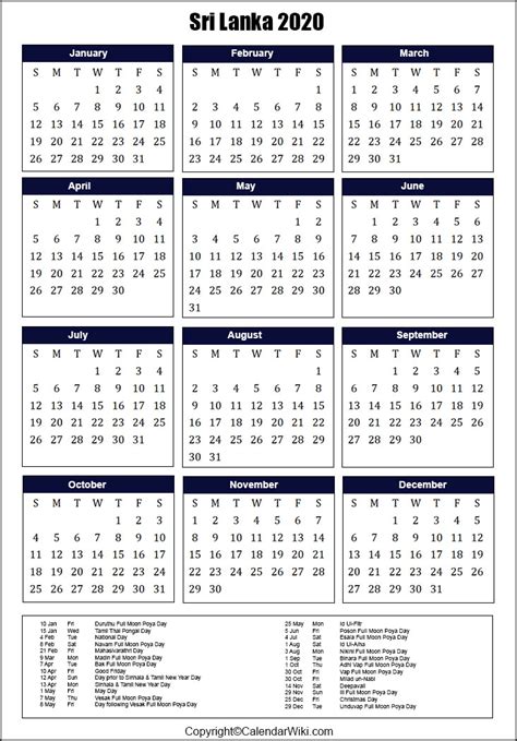 Printable Srilanka Calendar 2020 With Holidays Public Holidays