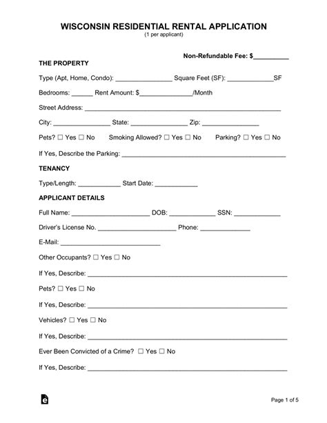 Free Wisconsin Rental Application Form Pdf Word Eforms