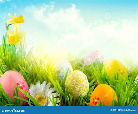 Easter Nature Spring Scene Background Beautiful Colorful Eggs In
