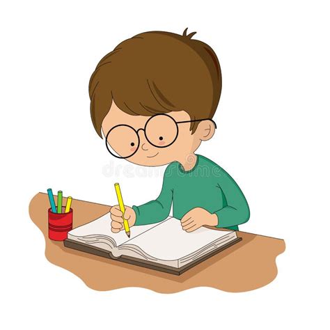 Boy Studying At His Desk Isolated Vector Stock Vector Illustration