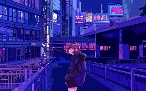 Download Wallpaper 3840x2400 Girl Headphones City Anime Art