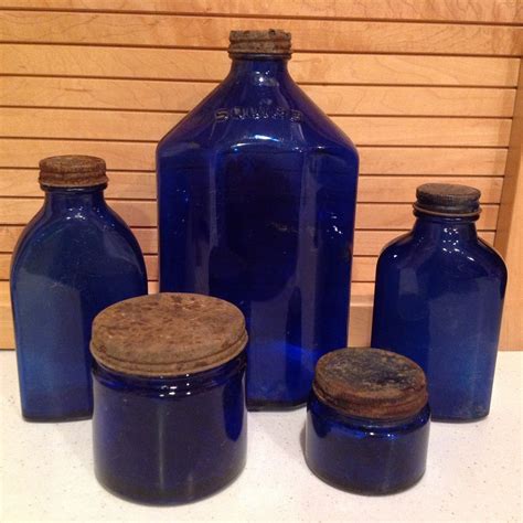 Antique Cobalt Blue Glass 5 Medicine Pharmacy Bottles And Jars With Metal Caps Blue Glass