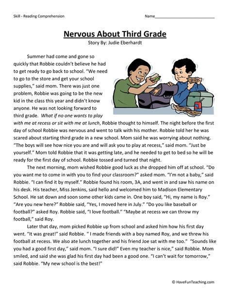 Nervous About Third Grade Reading Comprehension Worksheet By Teach Simple