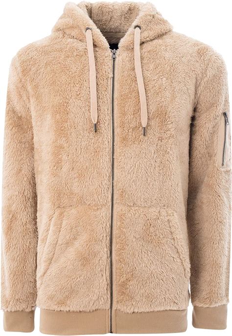 Soulstar Mens Zip Up Faux Fur Chunky Hoodies Beige Uk Clothing