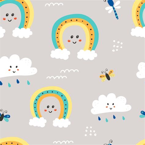 Premium Vector Seamless Pattern With Cute Clouds And Rainbow