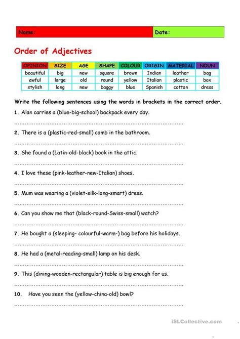 Order Of Adjectives Worksheet Adjectives Esl Adjective Words English