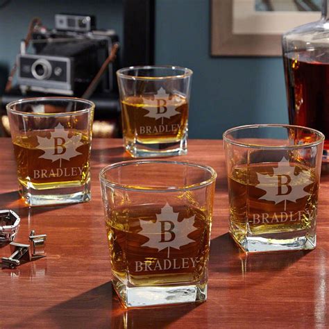 maple leaf engraved whiskey glasses set of 4