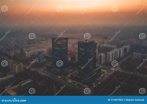 Beijing Skyscrapers On Sunset Chinas Beijing City Aerial View Stock