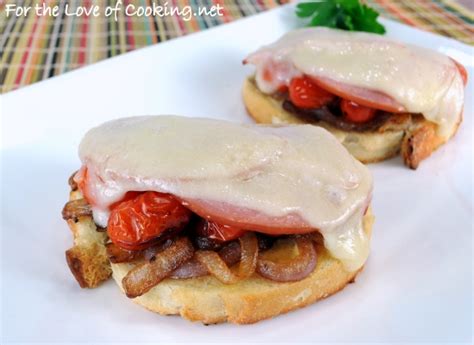 Ham Swiss Caramelized Onion And Sautéed Tomato Open Faced Sandwich