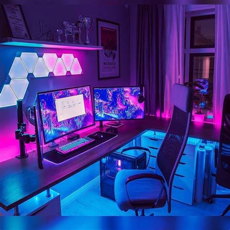 Blue And Purple Gaming Setup The Black And White Desk Is Backlighted