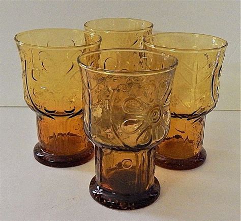 4 Libbey Amber Country Garden Daisy Flower Tumblers Glasses Vintage 1960 S Libbey Retro