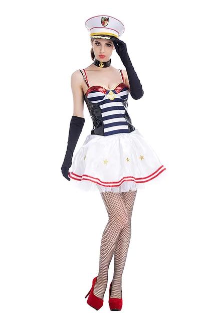 Sexy Women Adult Navy Sailor Costume Female Navy Officer Bule White Outfit Mini Dress Halloween