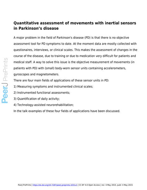 Pdf Quantitative Assessment Of Movements With Inertial Sensors In Parkinsons Disease