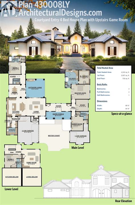 See photos, specifications and full color single story floor plan designs. Plan 430008LY: Courtyard Entry 4 Bed House Plan with ...