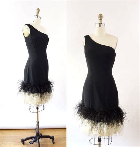 Vintage 1960s One Shoulder Black White Feather Dress Xs Etsy