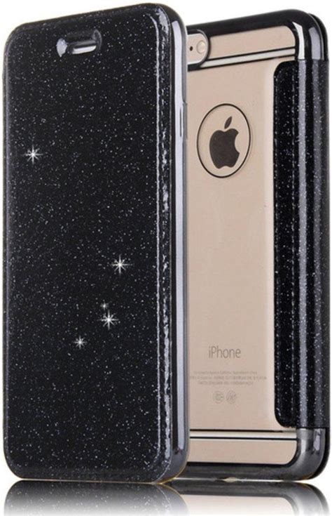 Apple Iphone 5 5s Se Flip Case Zwart Glitter Pu Leer Soft
