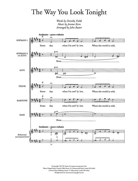 Jerome Kern The Way You Look Tonight Arr John Rutter Sheet Music Notes Chords Sheet Music