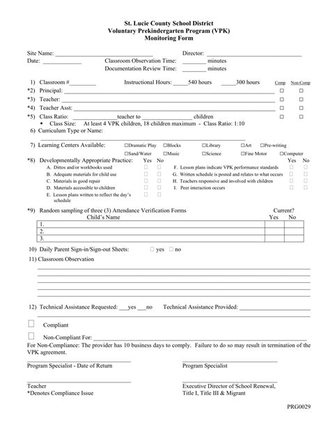 Florida Voluntary Prekindergarten Program Vpk Monitoring Form St