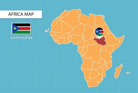 mapa de sudán del sur en áfrica iconos que muestran la ubicación y las banderas de sudán del