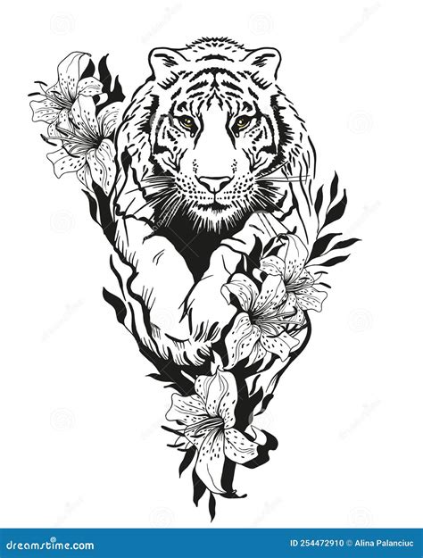 Tiger In A Jump Surrounded By Flowers Stock Vector Illustration Of