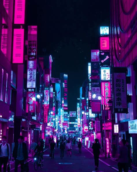 City Life In Tokyo Asia Pink And Blue Lights Middle Of The Street