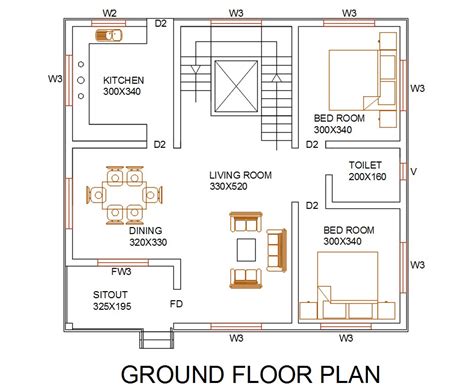2 Bhk House Ground Floor Furniture Layout Plan Dwg File Cadbull