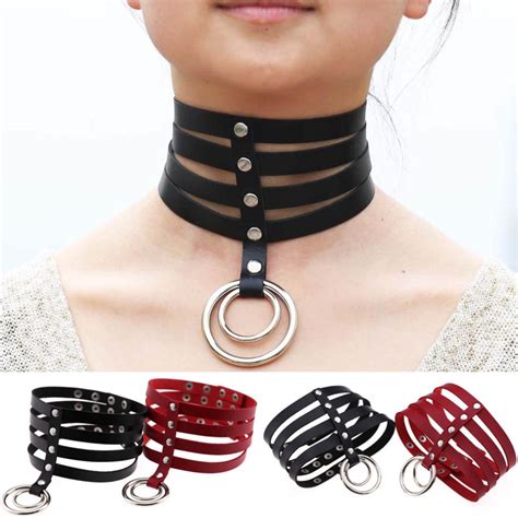 Pu Leather Choker Punk Goth Collar Necklace For Women Metal Circle