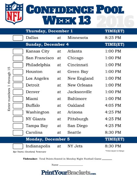 Nfl Week 13 Printable Pick Sheet Print This Page For Your Free Week 13