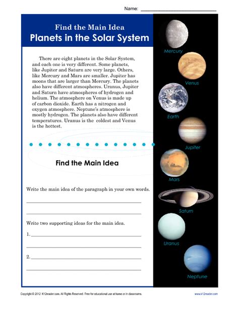 They explore the concepts of like poles and repelling poles by performing a simple experiment using magnets and pencils. 3rd or 4th Grade Main Idea Worksheet About Planets | Main ...