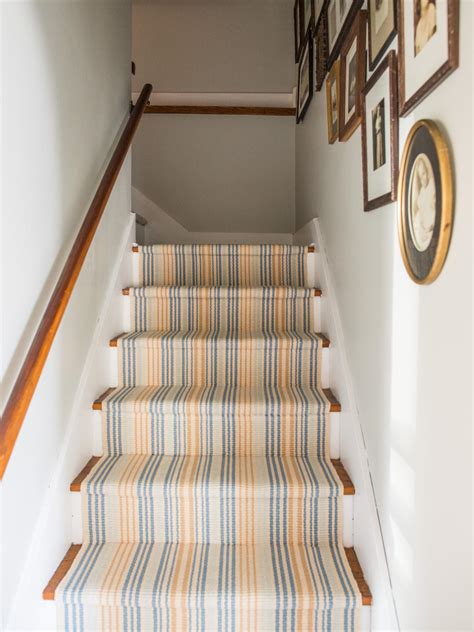 Add color to your stairs with this tile stripe. Upcycle Woven Table Runners Into a Durable Stair Runner | HGTV