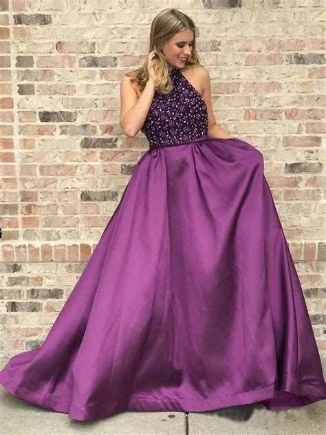 Halter Purple Long Satin Prom Dresses Beaded Junior Evening Gown New