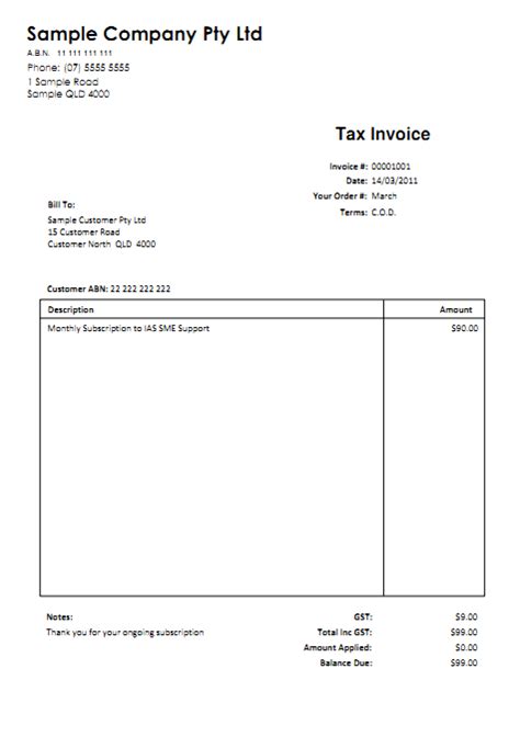 Sample Tax Invoice Template Australia