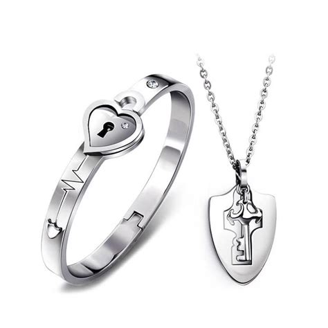 Key To My Heart Matching Lock Bangle And Knight Shield Key Necklace Set