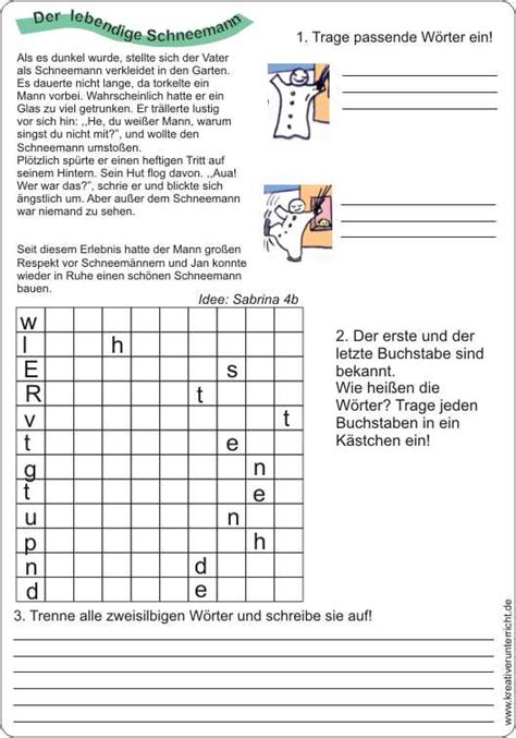 Als ausgangspunkt dient eine bildergeschichte, zu der die schueler ihre einfaelle wiedergeben. Der lebendige Schneemann