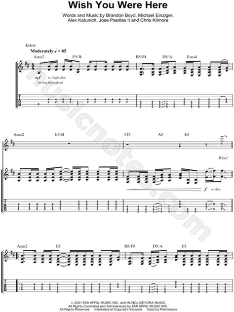 Incubus Wish You Were Here Guitar Tab In D Major Download And Print Sku Mn0064749