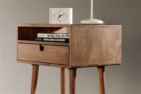 Mid Century Nightstand With Drawer In Solid Walnut Wood