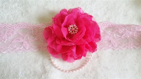Hot Pink Chiffon And Lace Flower With Pearl By Ryanbowtique