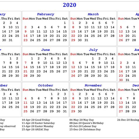 2020 Calendar Australia With Holidays Calendar Printable Free