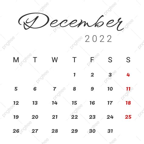 December Calendar Vector Art Png December 2022 Calendar Simple And
