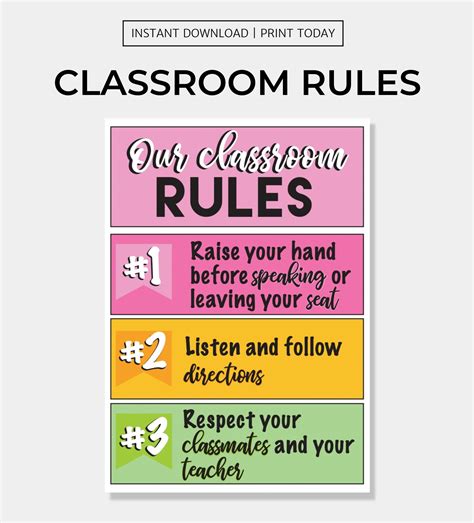 The Classroom Rules Poster Is Shown In Pink Green And Yellow With