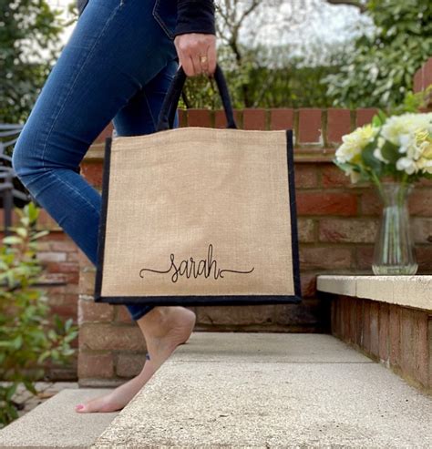 Large Personalised Jute Bag With Scroll Printed Name Bag For Etsy