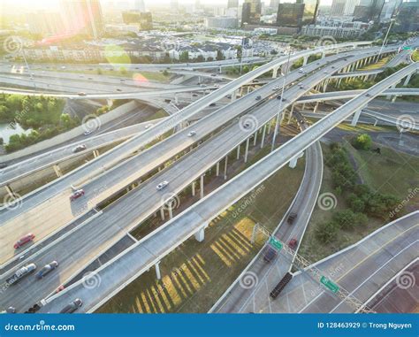 Top View Elevated Highway Stack Interchange And Houston Skylines Stock