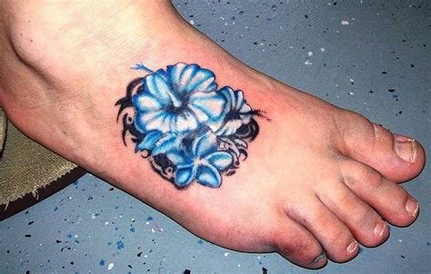 Tribal Blue Hawaiian Hibiscus Flower Tattoo On Foot Tattooimages