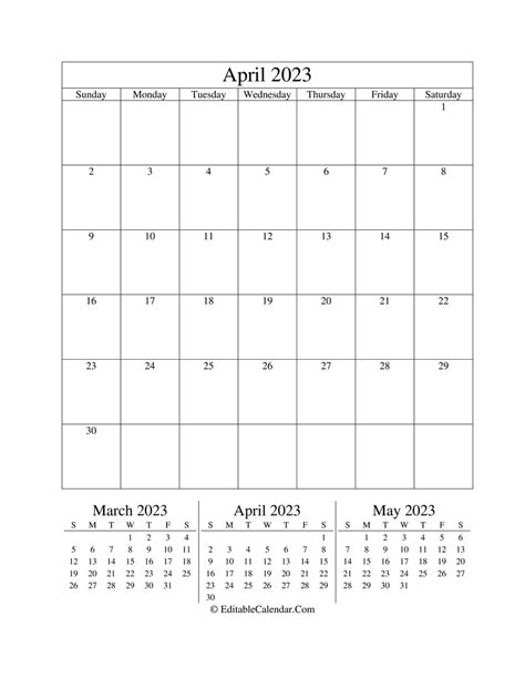 Editable Calendar April 2023